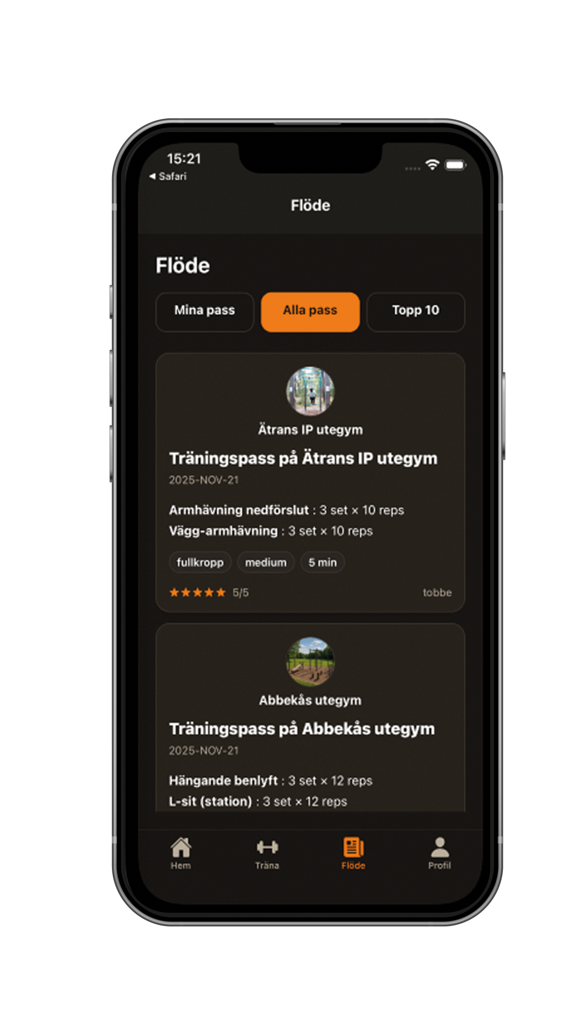 Skärmdump – träningspass
