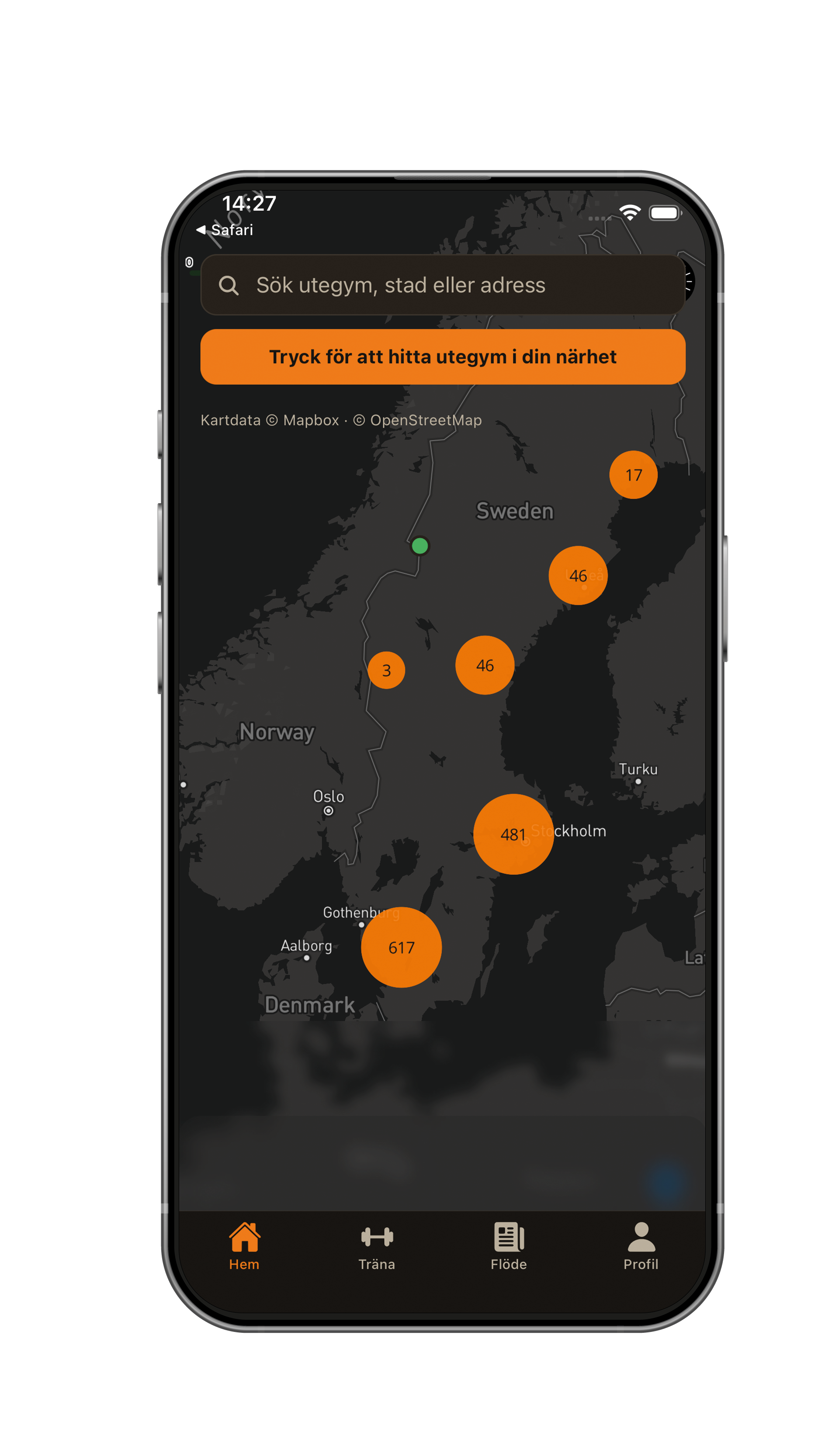 Skärmdump från appen Utegym i Sverige